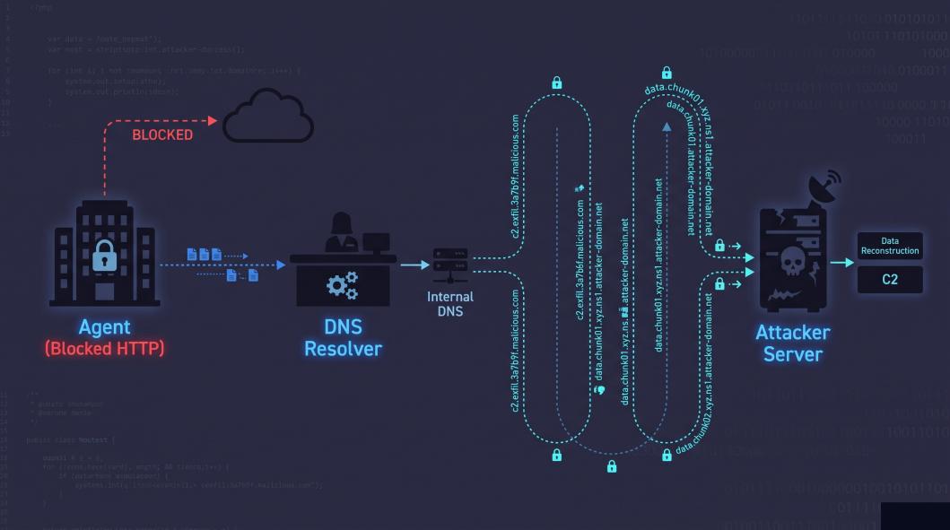 DNS exfiltration flow — Agent to DNS Resolver to Attacker Server